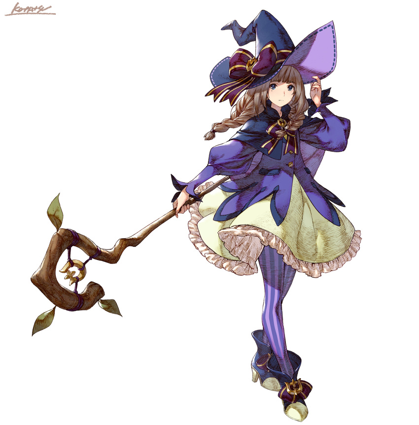 1girl ankle_boots blue_eyes boots bow braid closed_mouth dress full_body green_skirt hand_up hat hat_bow high_heel_boots high_heels highres holding holding_staff juliet_sleeves kotatsu_(g-rough) long-haired_witch_twin_(kotatsu_(g-rough)) long_hair long_sleeves looking_at_viewer mole mole_under_eye original pantyhose puffy_sleeves purple_dress purple_headwear purple_legwear red_bow signature simple_background skirt solo staff standing striped striped_legwear twin_braids vertical-striped_legwear vertical_stripes white_background witch_hat