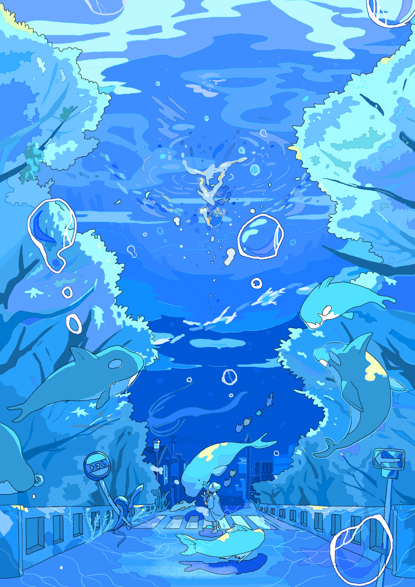1girl absurdres air_bubble beluga_whale blue_theme bubble crosswalk highres lamppost looking_away nara_lalana orca original road_sign sign tree underwater