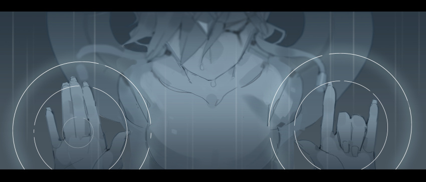 1girl 713 absurdres closed_eyes collarbone dripping fingernails glowing greyscale hair_over_one_eye highres karma_(league_of_legends) league_of_legends long_fingernails monochrome no_mouth rain short_hair sketch solo upper_body wet