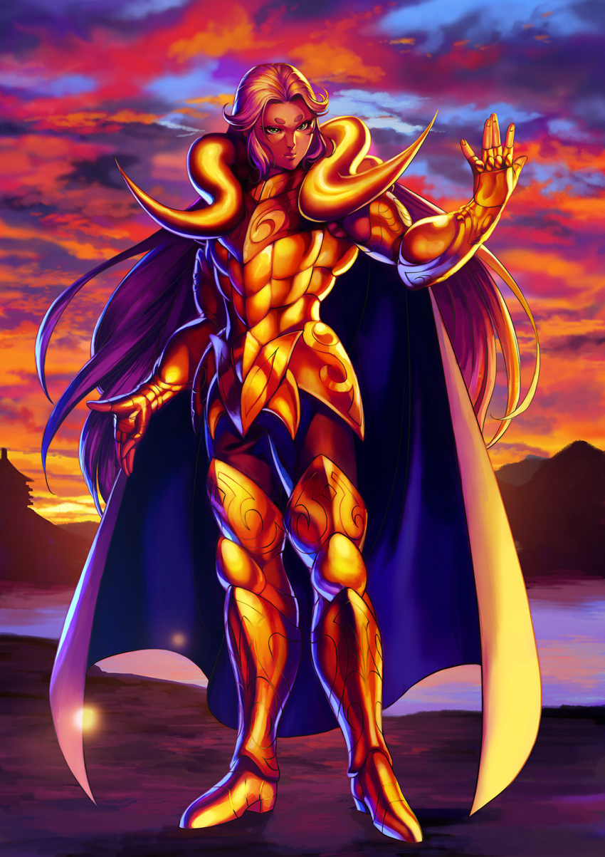 1boy armor boots breastplate character_request closed_mouth clouds cloudy_sky gold_armor gold_saint green_eyes hand_up highres kotatsu_(g-rough) long_hair male_focus pauldrons purple_hair saint_seiya shoulder_armor sky solo standing sunset thick_eyebrows