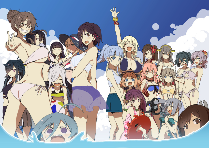 6+girls absurdres ahoge alcohol alternate_hairstyle amagi_(kantai_collection) arm_up asashimo_(kantai_collection) ashigara_(kantai_collection) atago_(kantai_collection) bangs beer beer_can bikini bikini_skirt black_hair blonde_hair blue_hair blunt_bangs blush braid breasts brown_hair can closed_eyes clouds day drinking enemy_lifebuoy_(kantai_collection) enemy_naval_mine_(kantai_collection) eyebrows_visible_through_hair eyepatch flower grey_hair grin hachijou_(kantai_collection) haguro_(kantai_collection) hair_bun hair_down hair_flower hair_ornament hair_over_one_eye hair_ribbon hair_up hairclip haruna_(kantai_collection) hat hatakaze_(kantai_collection) hatsukaze_(kantai_collection) hayashimo_(kantai_collection) headgear highres holding huge_breasts i-401_(kantai_collection) johnston_(kantai_collection) kamikaze_(kantai_collection) kantai_collection kashima_(kantai_collection) kasumi_(kantai_collection) kiso_(kantai_collection) kiyoshimo_(kantai_collection) large_breasts long_hair medium_breasts mole mole_under_eye mole_under_mouth multiple_girls myoukou_(kantai_collection) nachi_(kantai_collection) open_mouth outdoors ponytail ribbon richelieu_(kantai_collection) sharp_teeth shinkaisei-kan side-tie_bikini side_ponytail sky small_breasts smile sun_hat sweat swimsuit teeth tentacles tsuji_kazuho twintails two_side_up v water