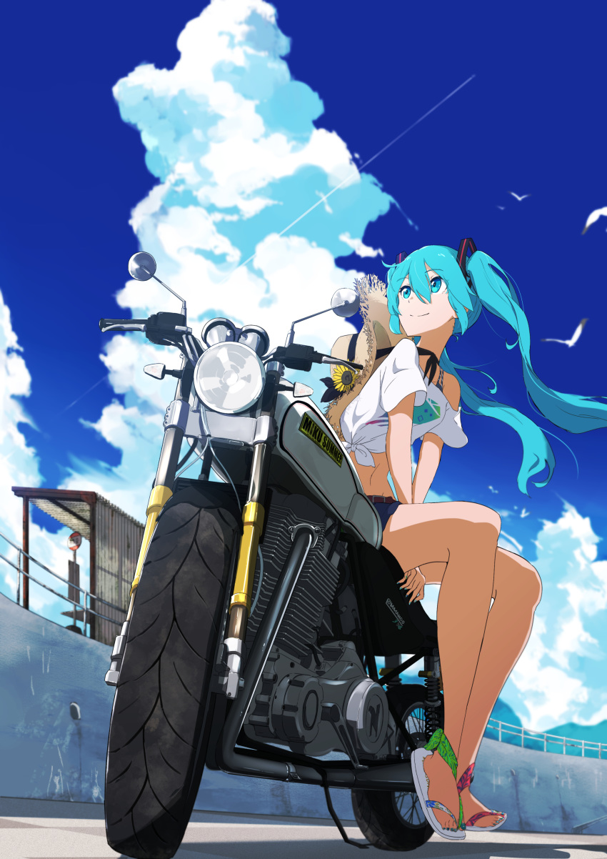 1girl absurdres aqua_eyes aqua_hair bird blue_sky clouds condensation_trail flower from_below ground_vehicle hat hat_flower hatsune_miku headlight highres long_hair looking_away looking_up midriff motor_vehicle motorcycle mountain navel pre_sktch road_sign sandals seagull shirt short_shorts shorts sign sitting sky smile solo straw_hat sunflower t-shirt tire train_station twintails vocaloid white_shirt