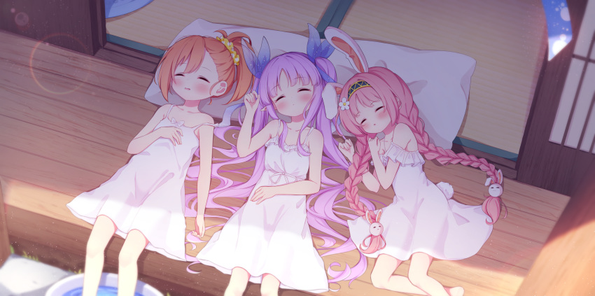 3girls :o animal_ears bare_arms bare_shoulders blue_ribbon blush braid brown_hair bunny_hair_ornament closed_eyes closed_mouth collarbone day dress flower frilled_dress frills hair_flower hair_ornament hair_ribbon hair_scrunchie highres kyouka_(princess_connect!) long_hair lying mimi_(princess_connect!) misogi_(princess_connect!) multiple_girls on_back on_side outdoors parted_lips pillow pink_hair polka_dot polka_dot_scrunchie princess_connect! princess_connect!_re:dive purple_hair rabbit_ears ribbon scrunchie setmen side_ponytail sleeveless sleeveless_dress sundress twin_braids twintails veranda very_long_hair white_dress white_flower yellow_scrunchie