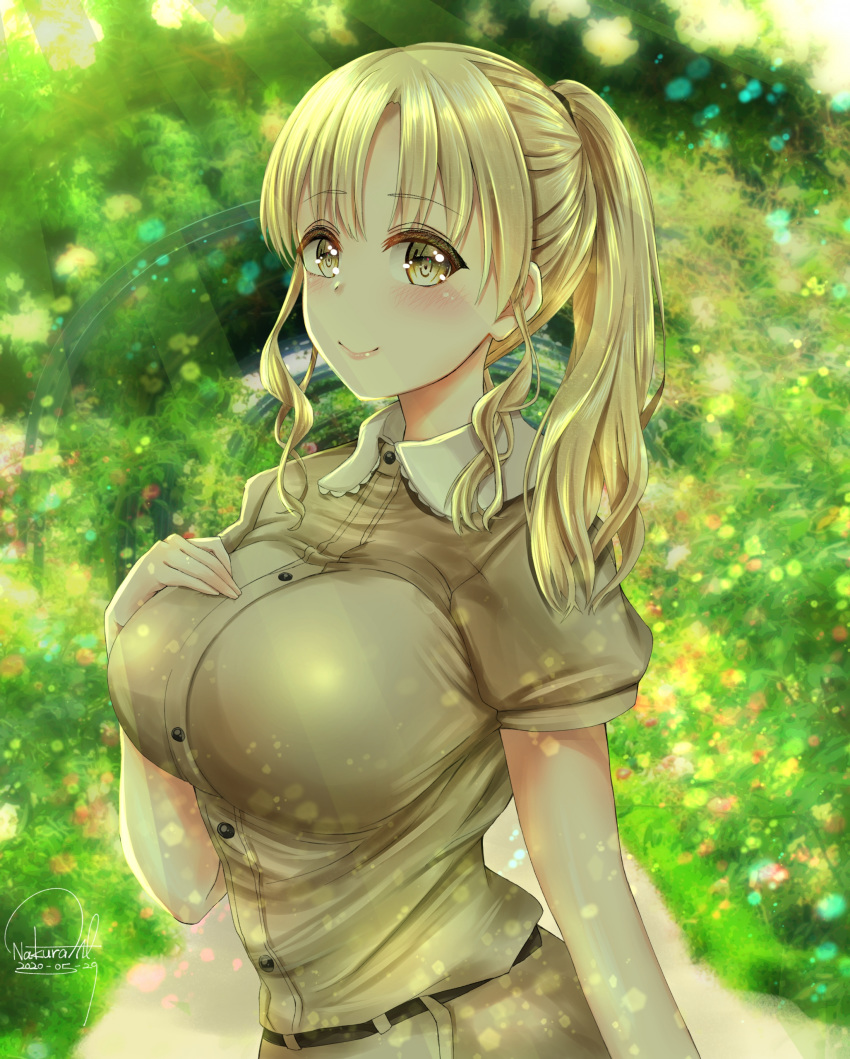 1girl absurdres bangs belt blonde_hair breasts bush closed_mouth collar collared_shirt dated dirt_road eyebrows_visible_through_hair forest frilled_collar frills grass hand_on_own_chest highres impossible_clothes khakis large_breasts lens_flare light_rays lips looking_at_viewer nakura_haru nature nijisanji ponytail road shirt short_sleeves sidelocks signature sister_cleaire smile solo sunbeam sunlight tan_shirt tree upper_body virtual_youtuber yellow_eyes