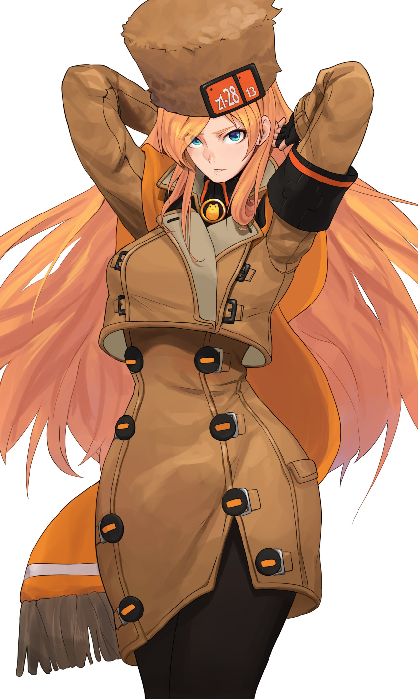 1girl absurdres armband arms_behind_head bangs blonde_hair blue_eyes buttons capelet coat eyebrows_visible_through_hair fingerless_gloves fur_hat gloves guilty_gear guilty_gear_strive hair_over_one_eye hat high_collar highres license_plate long_hair looking_at_viewer millia_rage pantyhose sanj simple_background solo ushanka very_long_hair white_background