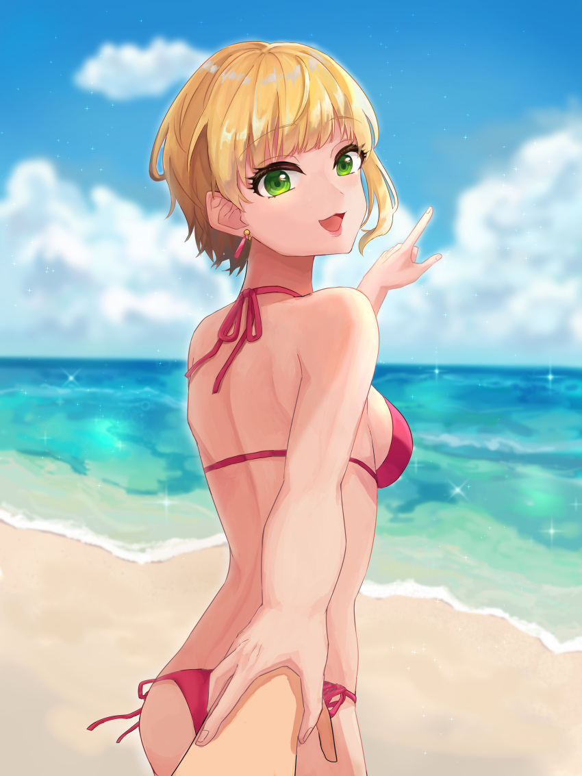 1boy 1girl :d absurdres bangs beach bikini blonde_hair blue_sky breasts clouds day earrings eyebrows_visible_through_hair green_eyes halterneck highres idolmaster idolmaster_cinderella_girls index_finger_raised jewelry looking_at_viewer looking_back mayuko_(pixiv44638423) miyamoto_frederica ocean open_mouth outdoors pov red_bikini shiny shiny_hair short_hair side-tie_bikini sideboob sky small_breasts smile solo_focus sparkle swimsuit