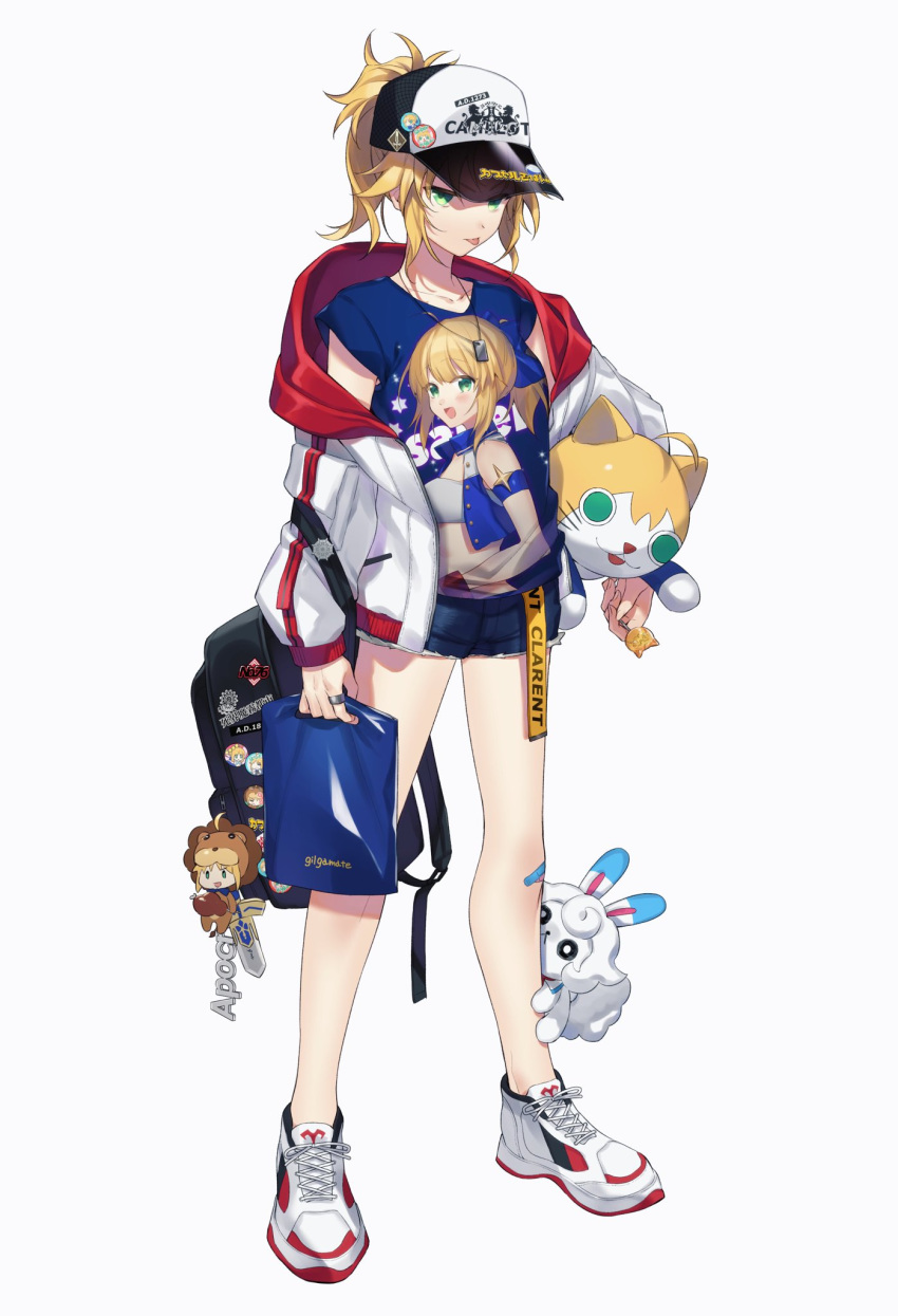 1girl ahoge alternate_costume animal_costume artoria_pendragon_(all) backpack bag bandaid bandaid_on_knee bangs bare_legs baseball_cap black_bag blonde_hair blue_ribbon blue_shirt character_doll character_name character_pin character_print citron_82 closed_mouth collarbone commentary_request contemporary crop_top denim denim_shorts fate/grand_order fate_(series) fou_(fate/grand_order) full_body green_eyes grey_background hair_ribbon hat highres holding holding_candy holding_lollipop jacket jewelry legs_apart lion_costume long_sleeves looking_at_viewer mordred_(fate) mordred_(fate)_(all) multicolored multicolored_clothes multicolored_jacket ponytail red_jacket ribbon ring saber see-through shirt shoes short_hair short_shorts short_sleeves shorts simple_background sneakers solo_focus standing stuffed_animal stuffed_cat stuffed_toy tagme tongue tongue_out white_footwear white_jacket