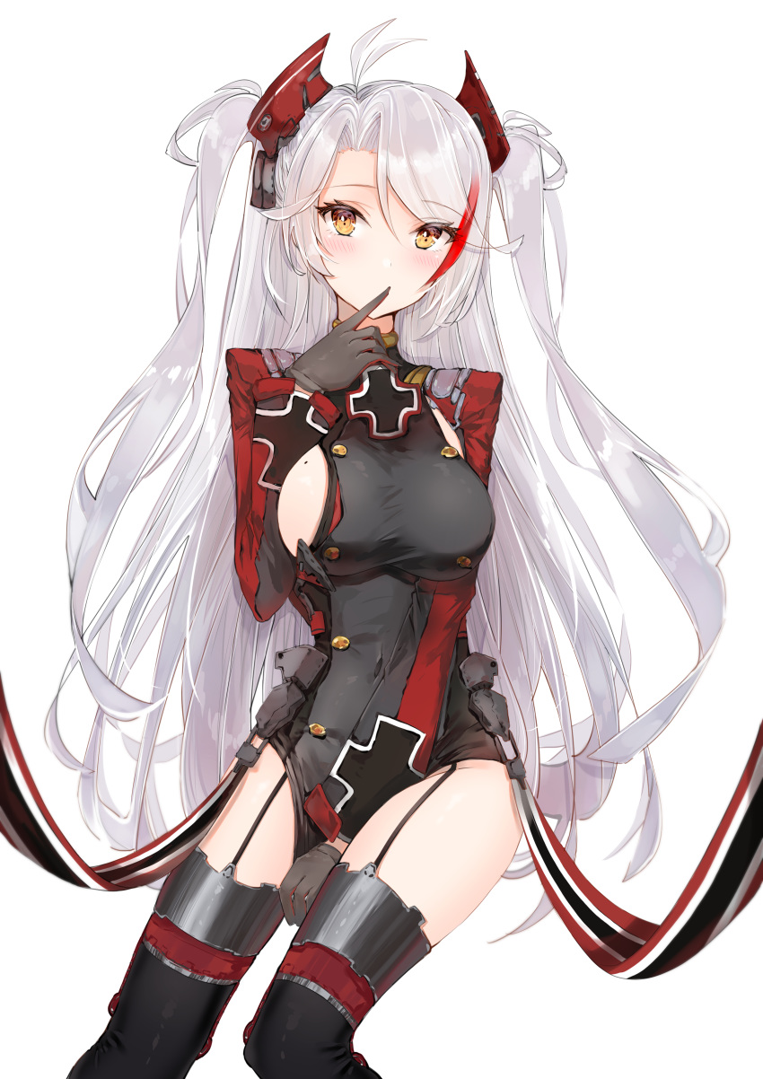 1girl absurdres azur_lane blush breasts eyebrows_visible_through_hair finger_to_mouth gloves hand_up headgear highres large_breasts long_hair looking_at_viewer mole mole_on_breast multicolored_hair orange_eyes prinz_eugen_(azur_lane) sideboob sidelocks silver_hair simple_background solo streaked_hair two-tone_hair very_long_hair white_background yukineko1018