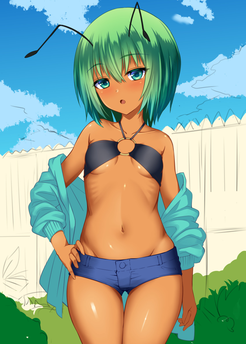 1girl :o absurdres antenna_hair aqua_jacket ass_visible_through_thighs bangs bare_shoulders collarbone cowboy_shot eyebrows_visible_through_hair fence green_eyes green_hair groin hair_between_eyes halterneck hand_on_hip highres hijikawa_arashi jacket looking_at_viewer micro_shorts navel o-ring o-ring_top off_shoulder outdoors ribs short_hair short_shorts shorts sketch solo stomach tan thigh_gap touhou wriggle_nightbug