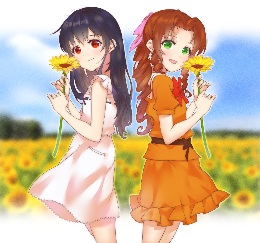 2girls aerith_gainsborough black_hair blurry blurry_background bow brown_hair dress drill_hair field final_fantasy final_fantasy_vii final_fantasy_vii_remake flower flower_field green_eyes hair_bow highres long_hair looking_at_viewer mogu_(kuromezennkainopokke) multiple_girls pink_bow red_eyes smile standing sunflower tifa_lockhart younger