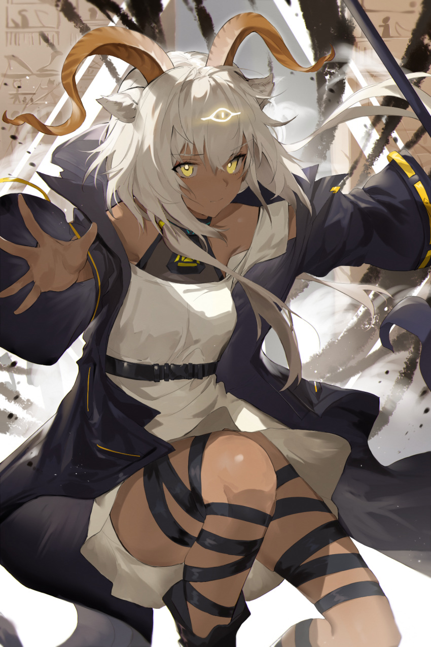 1girl animal_ears arknights bangs beeswax_(arknights) breasts closed_mouth dark_skin dress eyebrows_visible_through_hair floating_hair highres holding holding_staff horns long_hair long_sleeves looking_at_viewer meng_ziya outstretched_arms silver_hair sleeveless sleeveless_dress solo staff thighs white_dress wind yellow_eyes