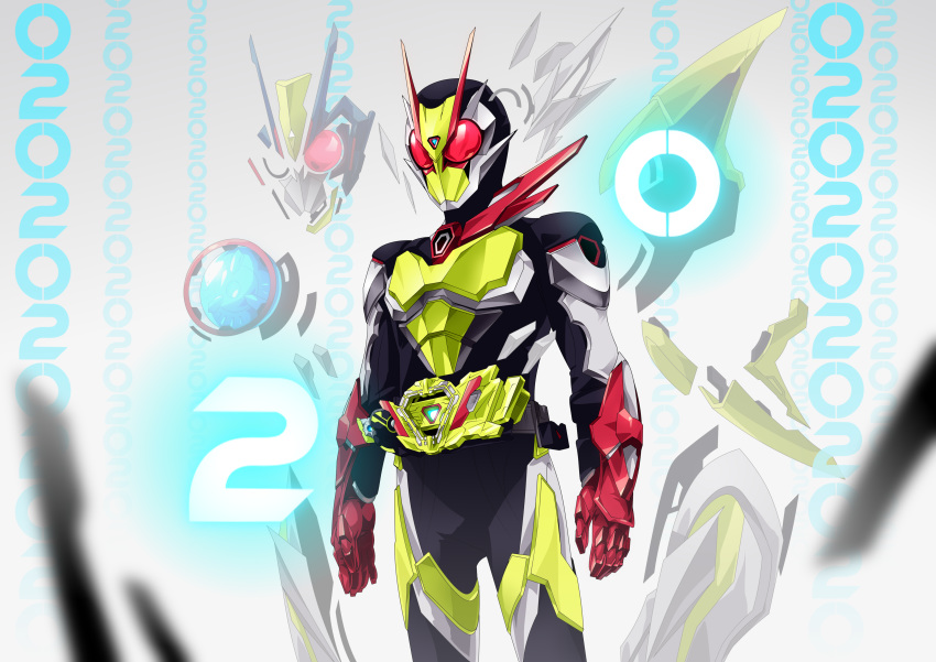 1boy absurdres antennae armor bodysuit character_name commentary helmet henshin highres kamen_rider kamen_rider_01_(series) kamen_rider_zero-two male_focus number otokamu power_armor red_eyes rider_belt solo standing transformation