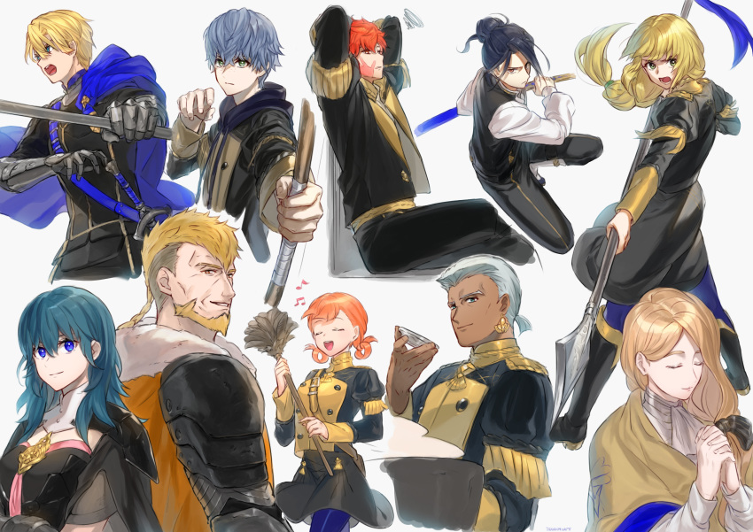 4girls 6+boys annette_fantine_dominic arms_up ashe_ubert beard black_hair blonde_hair blue_cape blue_eyes blue_hair blue_legwear bow bow_(weapon) brown_eyes brown_hair byleth_(fire_emblem) byleth_eisner_(female) cape closed_eyes closed_mouth dark_skin dark_skinned_male dedue_molinaro dimitri_alexandre_blaiddyd earrings facial_hair father_and_daughter felix_hugo_fraldarius fire_emblem fire_emblem:_three_houses futabaaf garreg_mach_monastery_uniform green_eyes grey_hair hair_bow hands_clasped highres holding holding_bow_(weapon) holding_sword holding_weapon ingrid_brandl_galatea jeralt_reus_eisner jewelry long_hair long_sleeves low_ponytail mercedes_von_martritz multiple_boys multiple_girls open_mouth orange_hair own_hands_together parted_lips polearm red_eyes redhead short_hair simple_background slap_mark sword sylvain_jose_gautier twintails uniform weapon white_background