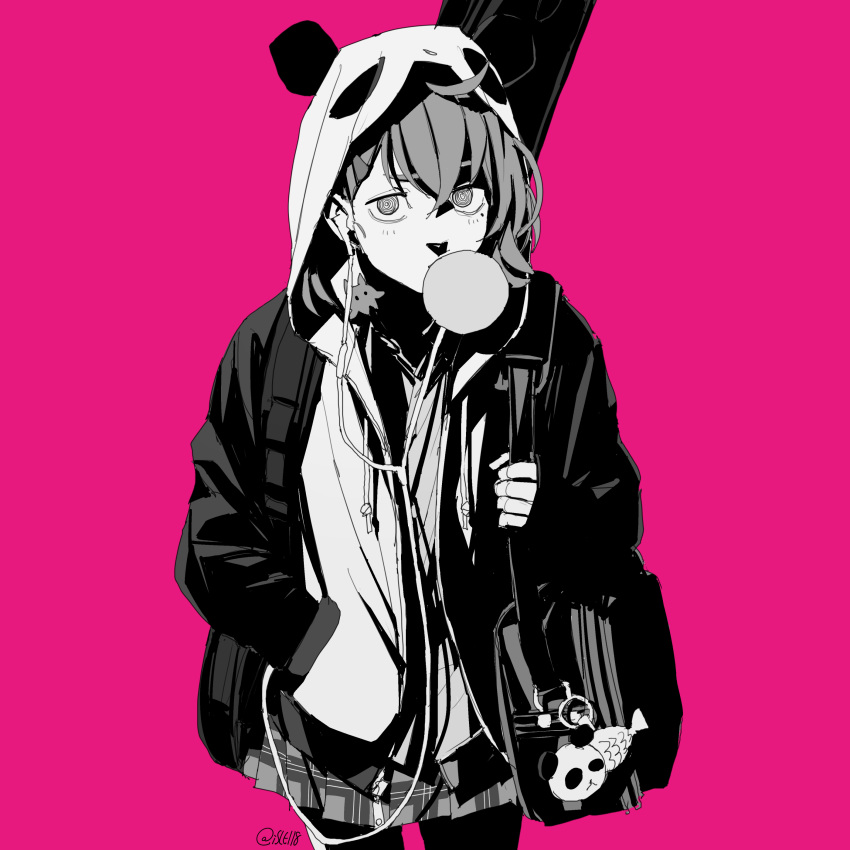 1girl absurdres ahoge animal_ears animal_hood bag bangs bubble_blowing chewing_gum earphones earphones fish grey_eyes grey_hair hand_in_pocket highres hood hood_up hooded_jacket isle118 jacket keychain monochrome nijisanji panda panda_ears panda_hood pink_background sasaki_saku skirt thigh-highs virtual_youtuber