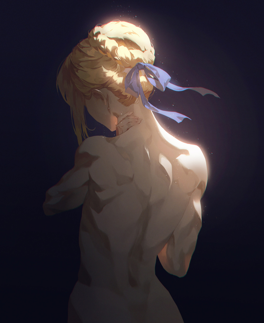 1girl artoria_pendragon_(all) black_background blonde_hair blue_ribbon braid cowboy_shot fajyobore323 fate/stay_night fate_(series) french_braid from_behind hand_on_own_neck highres muscle muscular_female nude ribbon saber solo