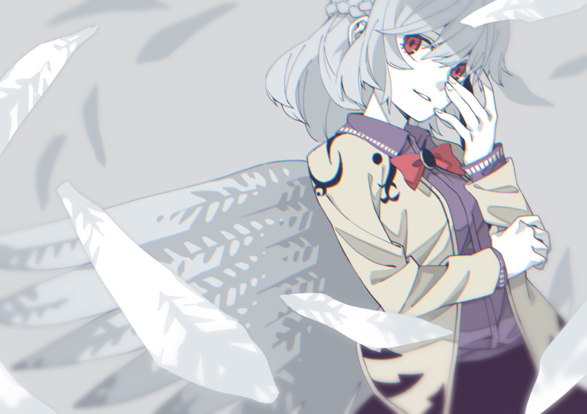 bow bowtie braid dress feathered_wings feathers french_braid jacket kamabokopic kishin_sagume looking_at_viewer purple_dress purple_skirt red_bow red_eyes silver_hair single_wing skirt suit_jacket touhou white_wings wings