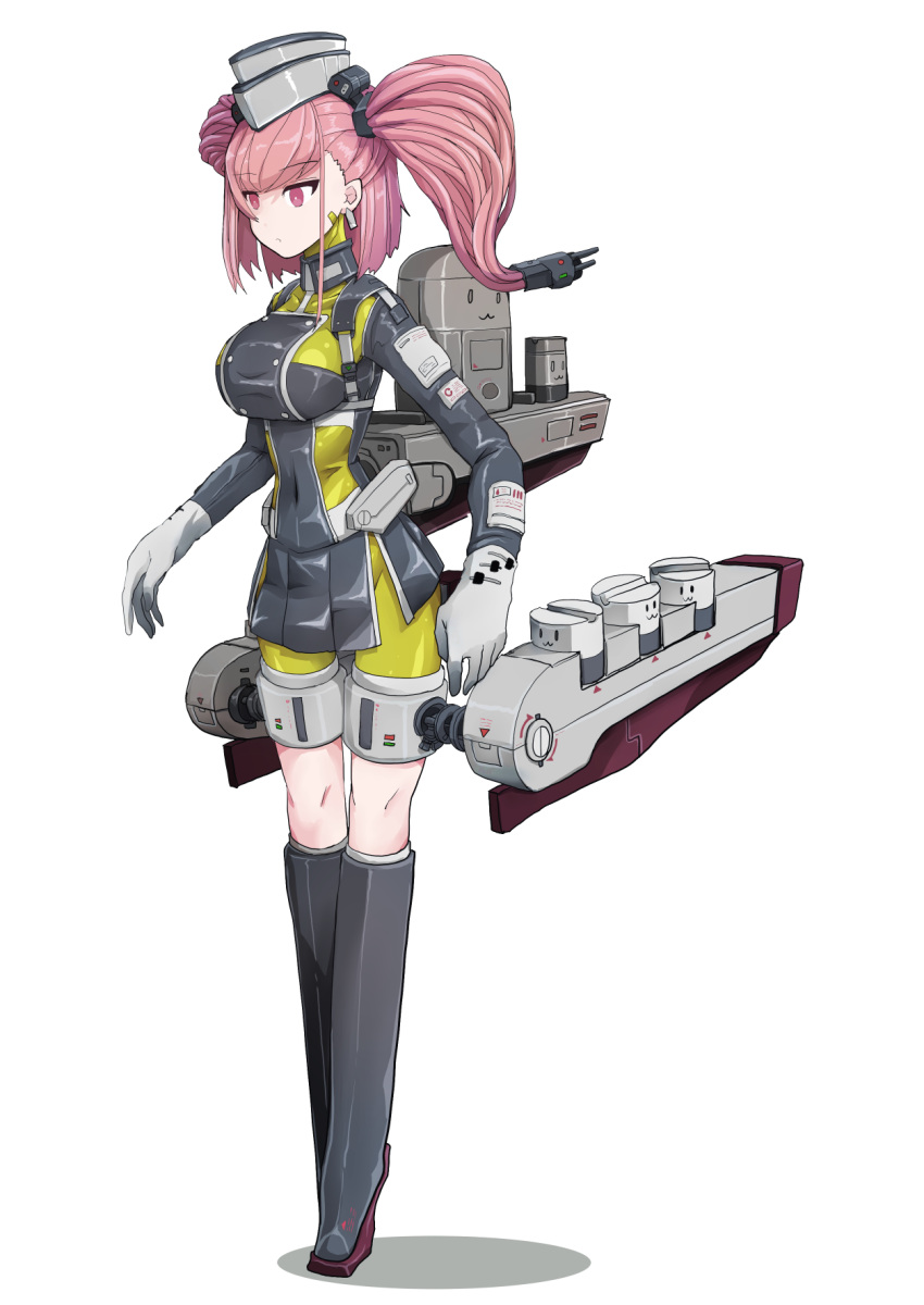 1girl alternate_costume atlanta_(kantai_collection) bangs black_footwear boots boushi-ya breasts covered_navel earrings eyebrows_visible_through_hair full_body gloves hair_ornament headgear highres jewelry kantai_collection large_breasts long_hair pink_eyes pink_hair plugsuit rigging shadow simple_background solo thigh-highs thigh_boots two_side_up white_background