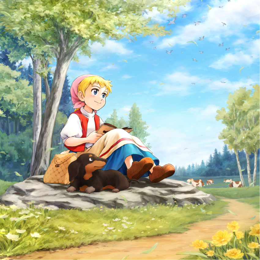 1girl apron bag bird blonde_hair blue_eyes book brown_footwear cow day dog flower handbag head_scarf highres katri_ukonniemi makiba_no_shoujo_katri nakajima_majikana on_rock outdoors path shoes short_hair sitting skirt sky solo tree