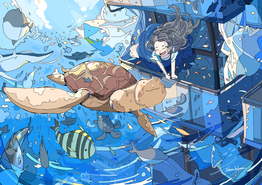 1girl :d absurdres artist_name black_hair blue_skirt building closed_eyes highres manta_ray nara_lalana open_mouth original skirt smile tropical_fish turtle water whale