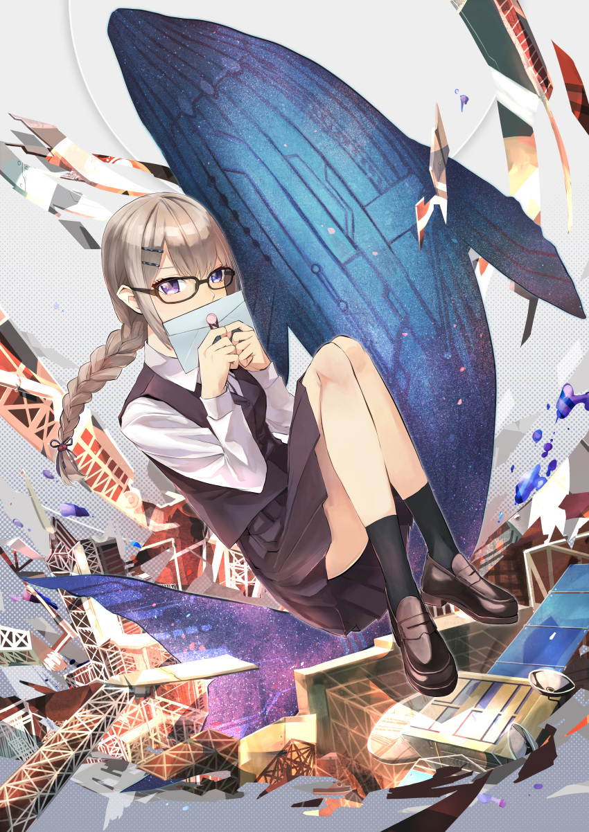 1girl absurdres black_footwear black_legwear black_skirt black_vest braid braided_ponytail brown_hair envelope full_body glasses hair_ornament hairclip hakohako-does highres huge_filesize long_sleeves original penny_loafers shirt sitting skirt socks vest violet_eyes whale white_shirt