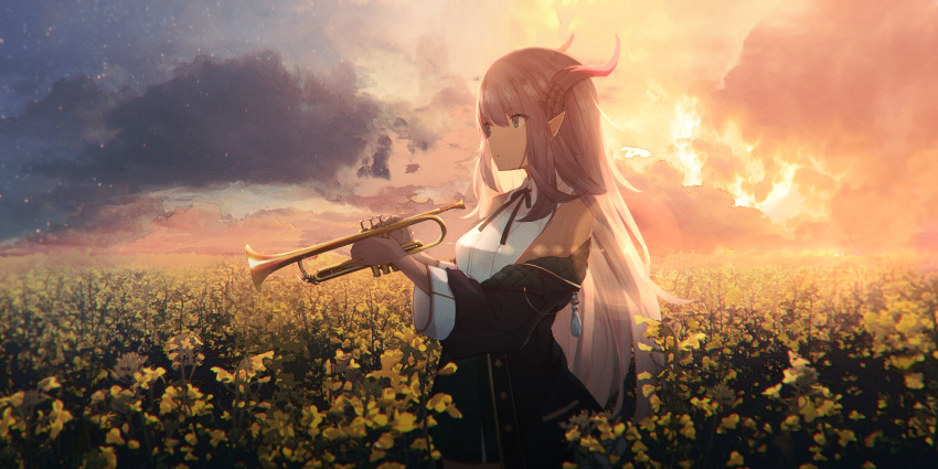 1girl absurdres backlighting bare_shoulders black_jacket brown_hair clouds cloudy_sky collared_shirt day expressionless fantasy flower highres holding holding_instrument horns huge_filesize instrument jacket long_hair long_sleeves looking_away meadow off_shoulder original outdoors pointy_ears sagiri_(ulpha220) scenery shirt sidelocks sky sleeveless sleeveless_shirt solo sunlight trumpet white_shirt wide_shot yellow_flower