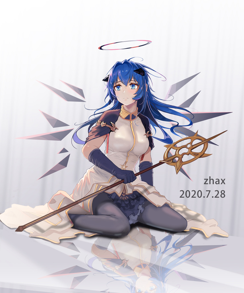 1girl arknights artist_name bangs black_gloves blue_eyes blue_hair breasts commentary dated dress gloves grey_legwear hair_between_eyes hair_intakes halo highres holding holding_staff horns long_hair looking_at_viewer medium_breasts mostima_(arknights) pantyhose reflection sitting solo staff wariza white_dress zhax