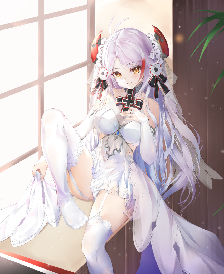 1girl absurdres antenna_hair azur_lane bangs bare_shoulders black_bow bow breasts bridal_gauntlets collarbone commentary dasima dress dust eyebrows_visible_through_hair flower garter_straps hair_ornament hand_on_breast headgear highres holding jewelry lace large_breasts long_hair looking_at_viewer mole mole_on_breast multicolored_hair no_shoes parted_bangs plant prinz_eugen_(azur_lane) prinz_eugen_(symphonic_fate)_(azur_lane) redhead ring silver_hair sitting smile solo streaked_hair thigh-highs thighs veil very_long_hair wedding_dress white_flower window yellow_eyes