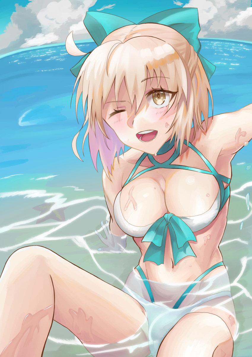 1girl absurdres ahoge aqua_ribbon arm_support bikini blonde_hair blue_sky blush breasts cleavage_cutout clouds dutch_angle fate/grand_order fate_(series) hair_between_eyes highres horizon medium_breasts navel nida_keita ocean okita_souji_(fate) okita_souji_(fate)_(all) one_eye_closed partially_submerged ribbon short_hair skindentation sky smile solo starfish summer swimsuit wet yellow_eyes