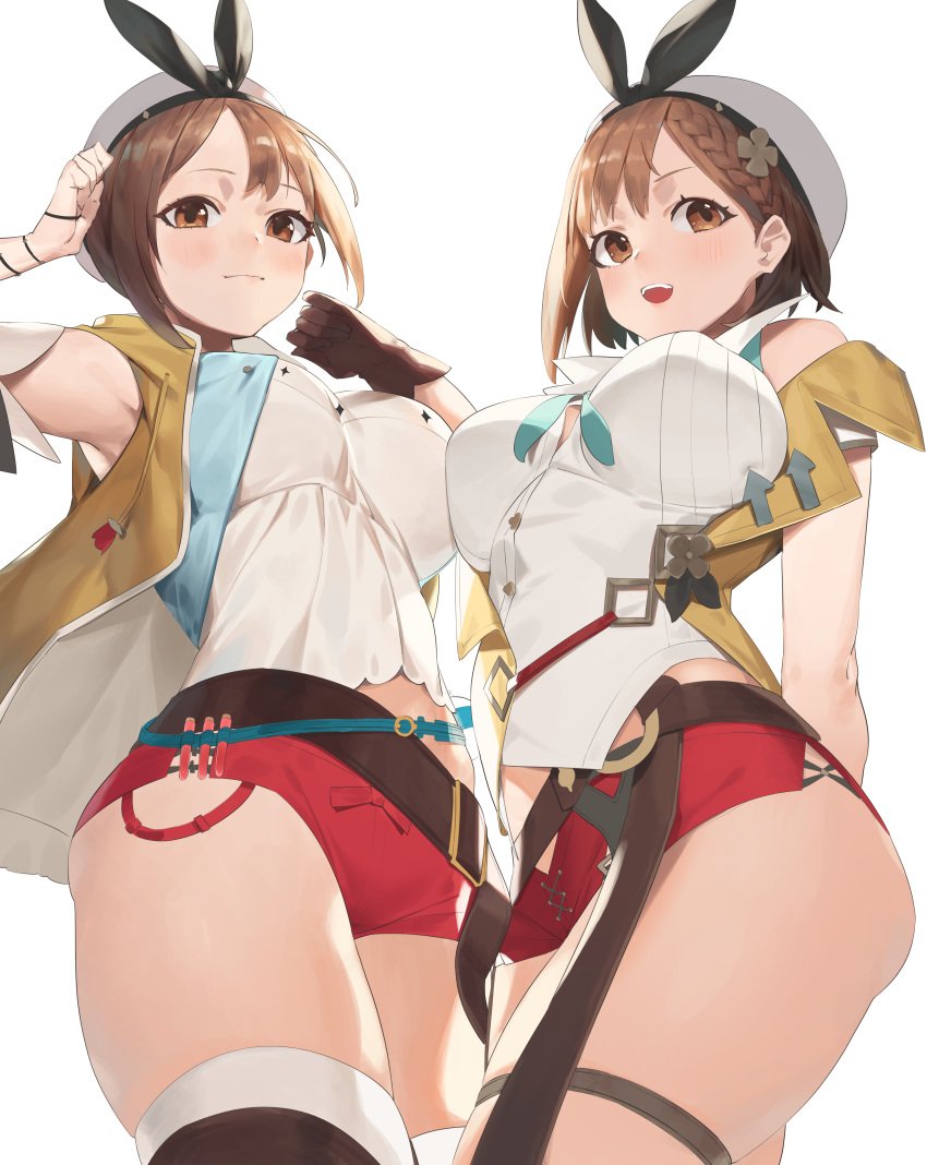 2girls absurdres armpits arms_behind_back arms_up atelier_(series) atelier_ryza atelier_ryza_2 bangs belt black_ribbon blue_belt blush breast_press breasts brown_belt brown_eyes brown_hair gloves hair_ornament hat highres jam_(nandade) large_breasts leather_belt multiple_girls open_mouth red_shorts reisalin_stout ribbon shirt short_hair short_shorts shorts simple_background skindentation sleeveless sleeveless_shirt thick_thighs thighs vest vial white_background white_headwear yellow_vest