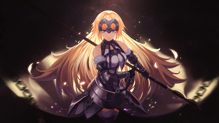 1girl armor armored_dress banner black_gloves black_legwear blonde_hair blue_eyes blurry blurry_background breasts breasts_apart closed_mouth cowboy_shot detached_sleeves dress fate/apocrypha fate_(series) faulds floating_hair fur-trimmed_legwear fur-trimmed_sleeves fur_trim gloves headpiece highres holding jeanne_d'arc_(fate) jeanne_d'arc_(fate)_(all) large_breasts long_hair long_sleeves looking_at_viewer maoii shiny shiny_hair sleeveless sleeveless_dress solo standing thigh-highs v-shaped_eyebrows very_long_hair