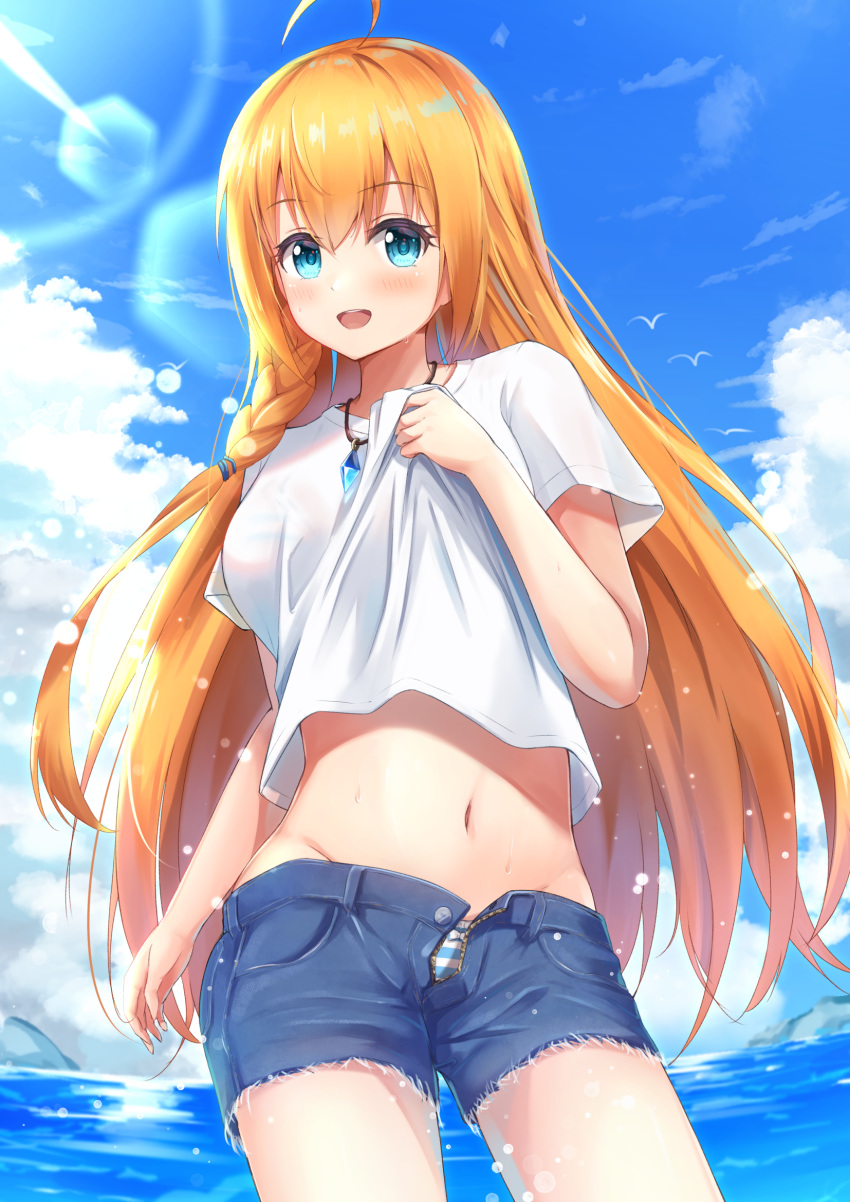1girl :d ahoge aqua_eyes bangs bird bow bow_panties bra bra_through_clothes braid clouds day denim denim_shorts eyebrows_visible_through_hair gem hair_ornament highres jewelry lens_flare lifted_by_self long_hair midriff miso_(misomiso_154) navel necklace ocean open_mouth orange_hair outdoors panties pecorine princess_connect! princess_connect!_re:dive see-through shirt shirt_lift short_shorts short_sleeves shorts sky smile solo striped striped_bra striped_panties t-shirt thighs unbuttoned underwear unzipped upper_teeth white_shirt