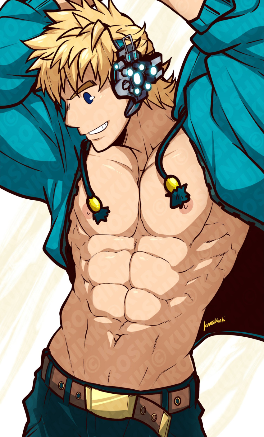 1boy abs absurdres alternate_costume alternate_hairstyle arms_up artofkuroshinki bara belt blonde_hair blue_eyes boku_no_hero_academia chest highres hood hoodie looking_at_viewer male_focus muscle nipples open_clothes open_hoodie pectorals shirtless smile solo toogata_mirio upper_body watermark