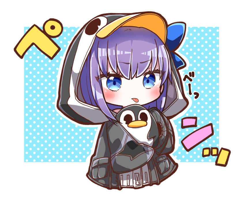 1girl absurdres animal_hood bangs black_jacket blue_background blue_bow blue_eyes blush bow chibi closed_mouth cropped_torso eyebrows_visible_through_hair fate/grand_order fate_(series) highres hood hood_up hooded_jacket jacket jako_(jakoo21) long_sleeves looking_at_viewer meltryllis meltryllis_(swimsuit_lancer)_(fate) penguin_hood polka_dot polka_dot_background puffy_long_sleeves puffy_sleeves purple_hair sidelocks sleeves_past_fingers sleeves_past_wrists solo stuffed_animal stuffed_penguin stuffed_toy tongue tongue_out translation_request two-tone_background upper_body v-shaped_eyebrows white_background