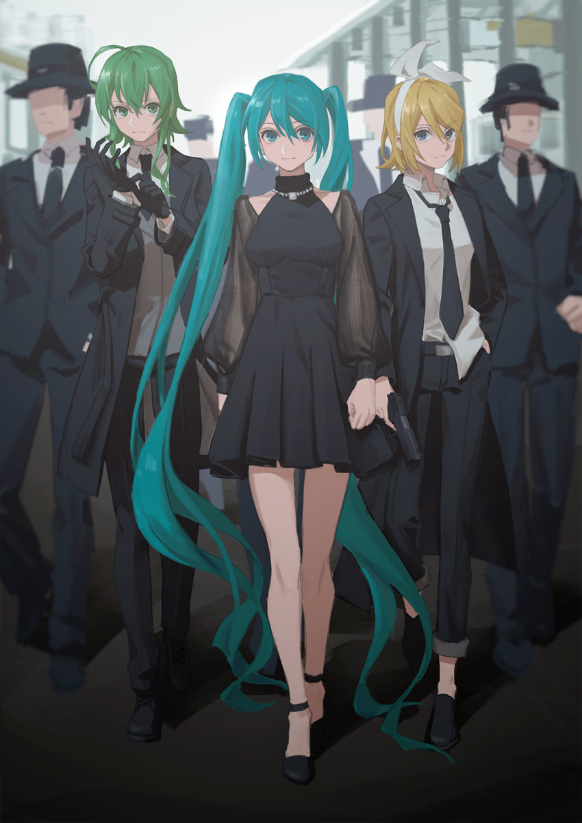 3girls adjusting_clothes adjusting_gloves ahoge aqua_eyes aqua_hair belt black_dress black_footwear black_gloves black_headwear black_jacket black_necktie black_pants black_suit blonde_hair blue_eyes blurry blurry_background bow collarbone dress expressionless faceless faceless_male fedora formal gloves green_eyes green_hair grey_vest gumi gun hair_bow hand_in_pocket hat hatsune_miku high_heels highres holding holding_gun holding_weapon jacket jewelry kagamine_rin long_hair looking_at_viewer medium_hair multiple_girls necklace necktie pants shirt short_hair standing suit suit_jacket twintails untucked_shirt very_long_hair vest vocaloid walking weapon white_bow white_shirt wounds404