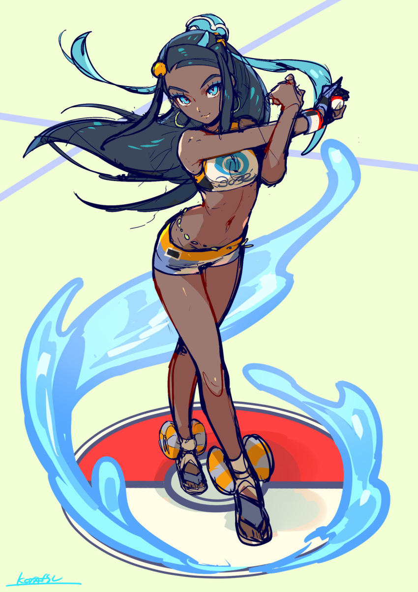 1girl black_hair blue_eyes blue_hair closed_mouth dark_skin earrings highres holding holding_poke_ball hoop_earrings jewelry kotatsu_(g-rough) long_hair looking_at_viewer multicolored_hair navel poke_ball pokemon pokemon_(game) pokemon_swsh rurina_(pokemon) sandals shorts smile solo sports_bra standing stretch two-tone_hair water