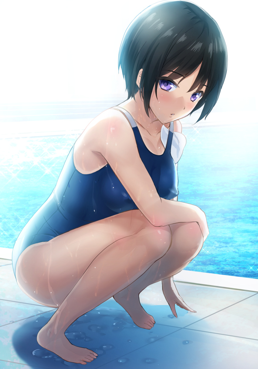 1girl backlighting bangs barefoot black_hair blue_swimsuit breasts collarbone covered_nipples eyebrows_visible_through_hair full_body highres looking_at_viewer medium_breasts onigirikun open_mouth original pool school_swimsuit shiny shiny_hair short_hair solo sparkle squatting swimsuit violet_eyes