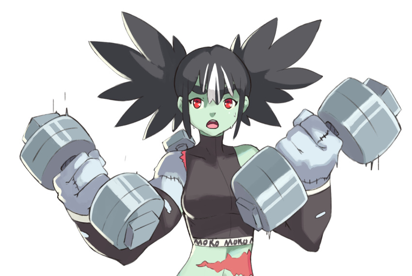 1girl black_hair bolt commentary dumbbell english_commentary frankenstein frankenstein's_monster genderswap genderswap_(mtf) green_skin hands_up highres holding looking_at_viewer multicolored multicolored_hair multicolored_skin open_mouth oversized_forearms oversized_limbs red_eyes simple_background solo sports_bra streaked_hair surgical_scar twintails vins-mousseux weightlifting white_background