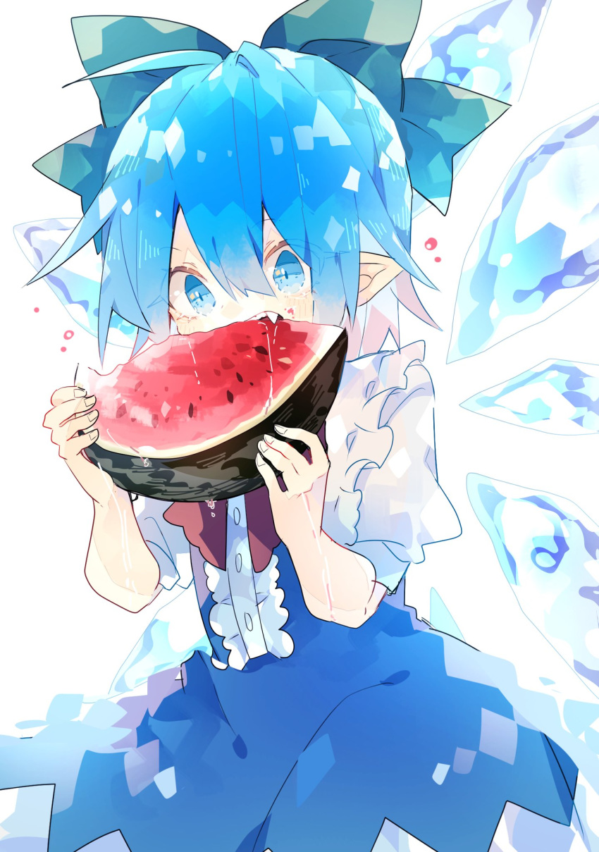 1girl blue_dress blue_eyes blue_hair bow cirno cowboy_shot detached_wings dress eating fang food fruit green_bow hair_bow highres holding holding_food ice ice_wings nikorashi-ka pointy_ears red_neckwear short_hair short_sleeves simple_background solo symbol_commentary touhou upper_body watermelon white_background wings