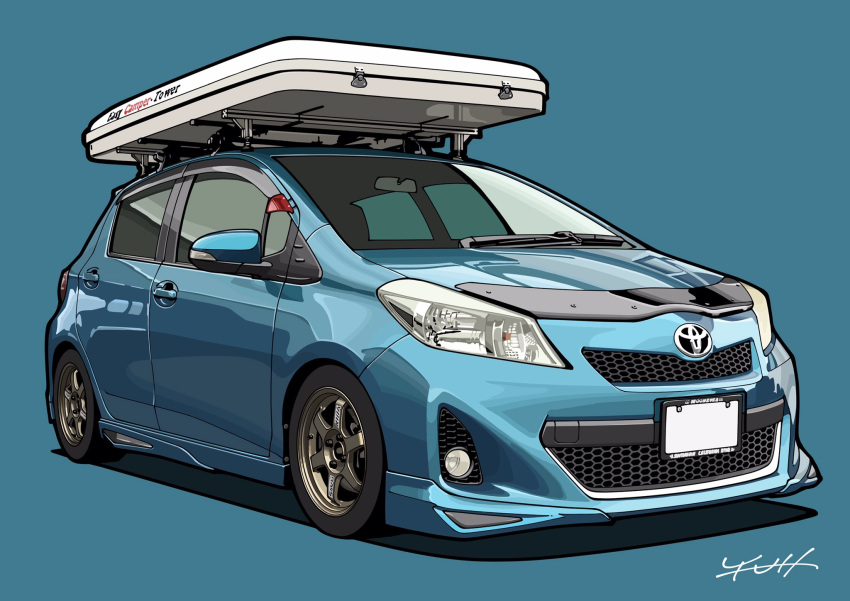 blue_background car ground_vehicle highres logo motor_vehicle no_humans original signature solo toyota toyota_gr_yaris vehicle_focus yuh_7929