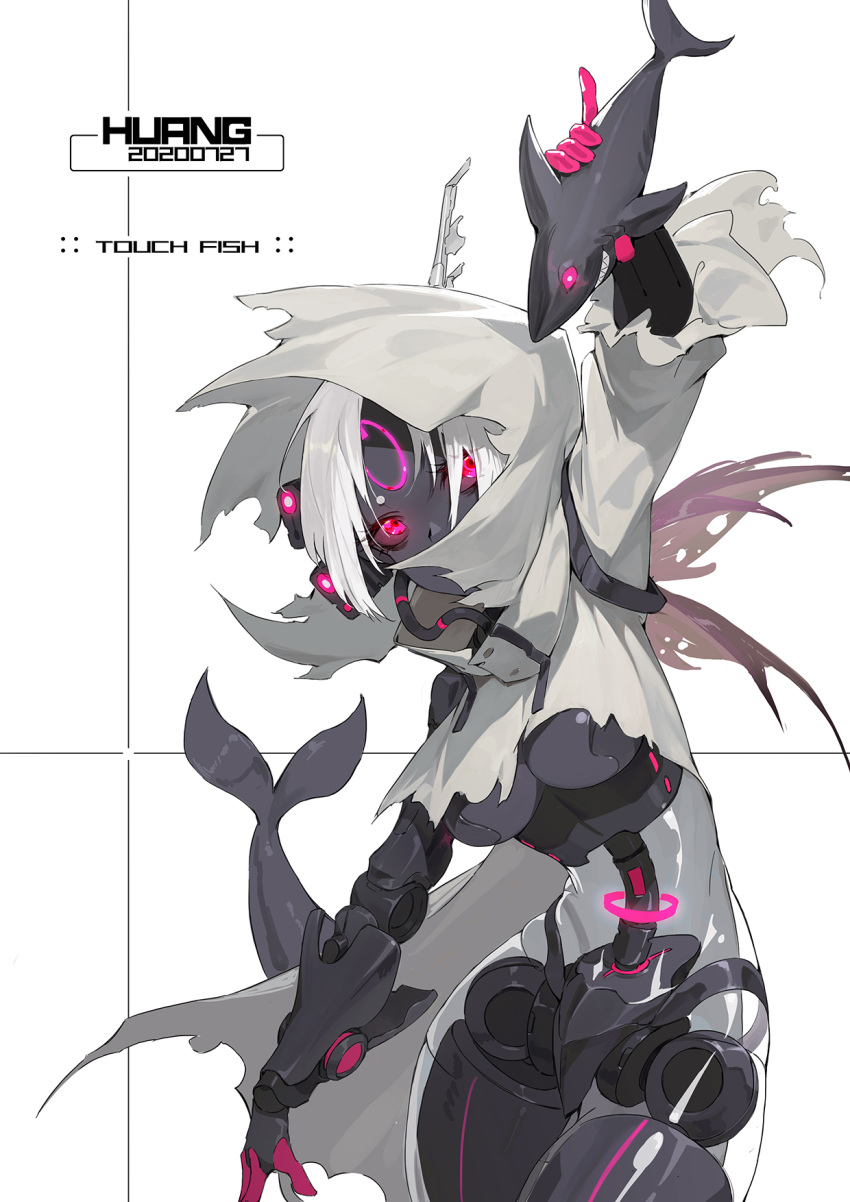 1girl android black_sclera black_skin commentary_request facial_mark fish_tail forehead_mark glowing glowing_eyes highres hood hood_up hooded_jacket huang_(volt0526) jacket joints mechanical_parts punishing:_gray_raven robot_joints shark solo tail torn_clothes toy transparent violet_eyes white_background white_hair