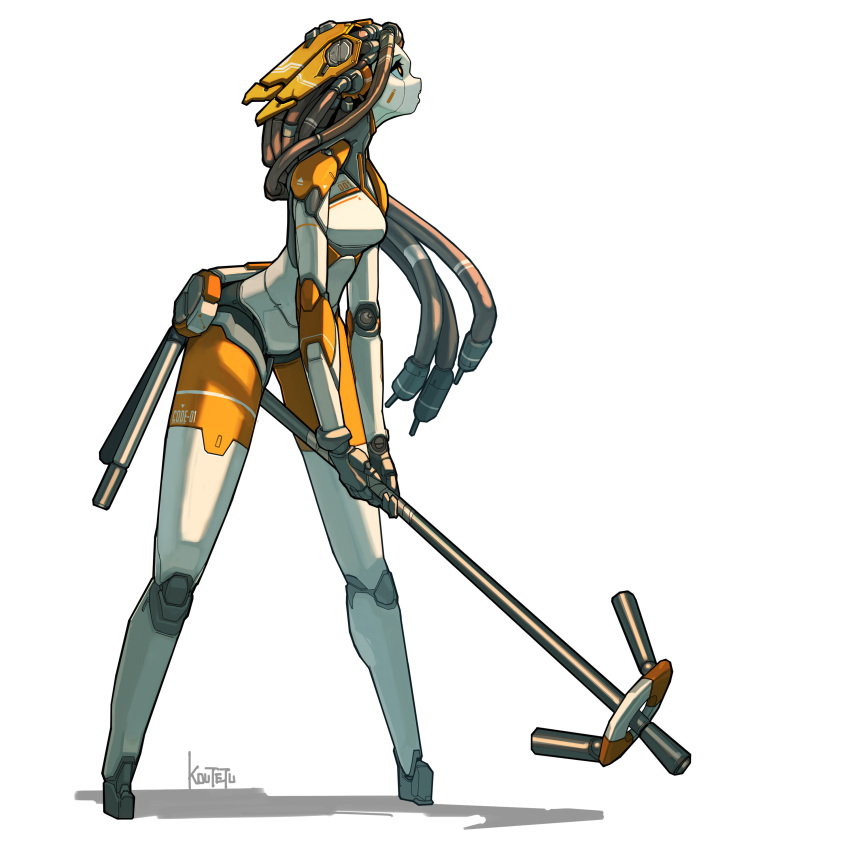 1girl absurdres android between_legs electric_plug full_body highres humanoid_robot joints koutetu_yarou long_legs looking_up mechanical_parts no_feet orange_eyes original robot_ears robot_joints solo staff standing white_background