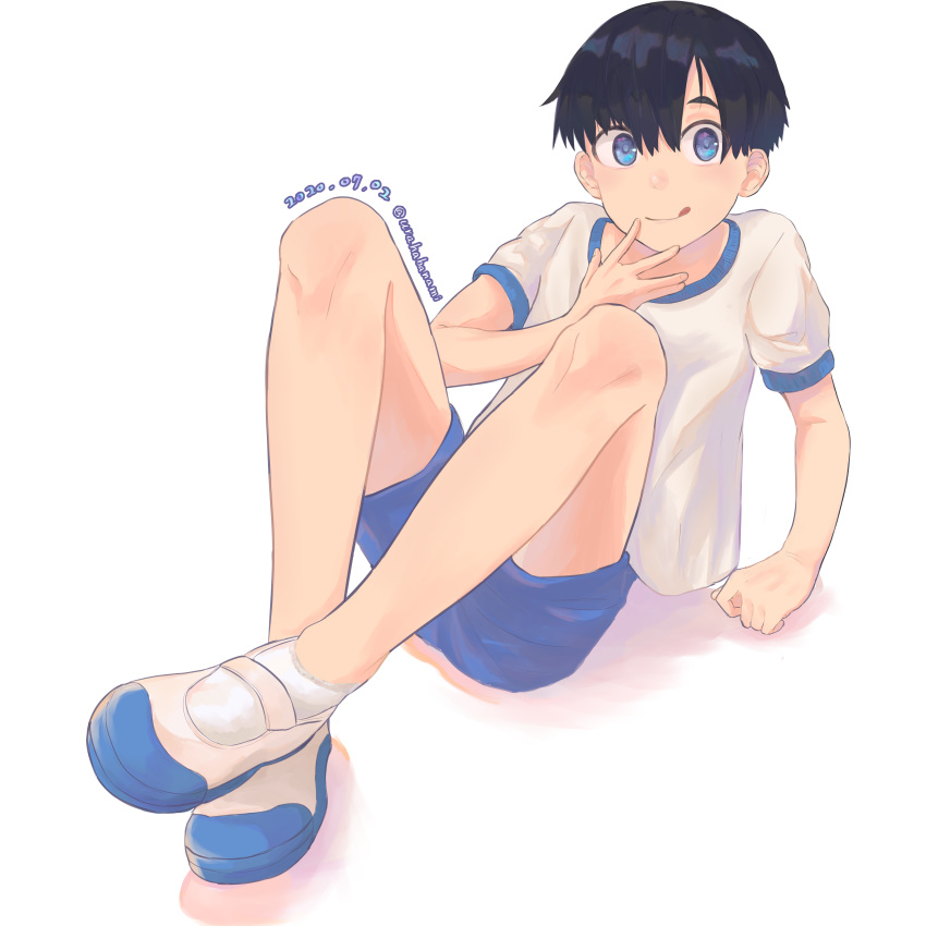 1boy :p absurdres bangs blue_eyes blue_hair dated full_body gym_uniform haneha highres looking_at_viewer male_focus original shoes simple_background sitting solo tongue tongue_out twitter_username uwabaki white_background