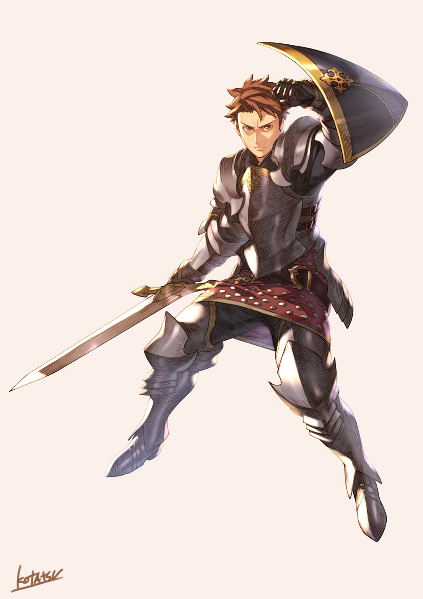 1boy breastplate brown_eyes brown_hair closed_mouth fighting_stance full_body greaves grey_background highres holding holding_shield holding_sword holding_weapon knight kotatsu_(g-rough) looking_at_viewer male_focus metal_boots original pauldrons shield shoulder_armor signature simple_background solo sword weapon