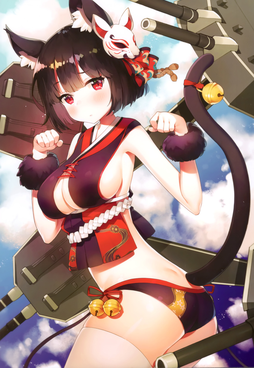 1girl absurdres adapted_costume animal_ears ass ayamy azur_lane bell black_hair black_panties blush breasts cat_ears cat_tail closed_mouth clouds cowboy_shot day dimples_of_venus eyebrows_visible_through_hair fox_mask from_side highres jingle_bell large_breasts looking_at_viewer machinery mask outdoors panties paw_pose red_eyes scan short_hair sky solo standing tail tail_bell underwear yamashiro_(azur_lane)