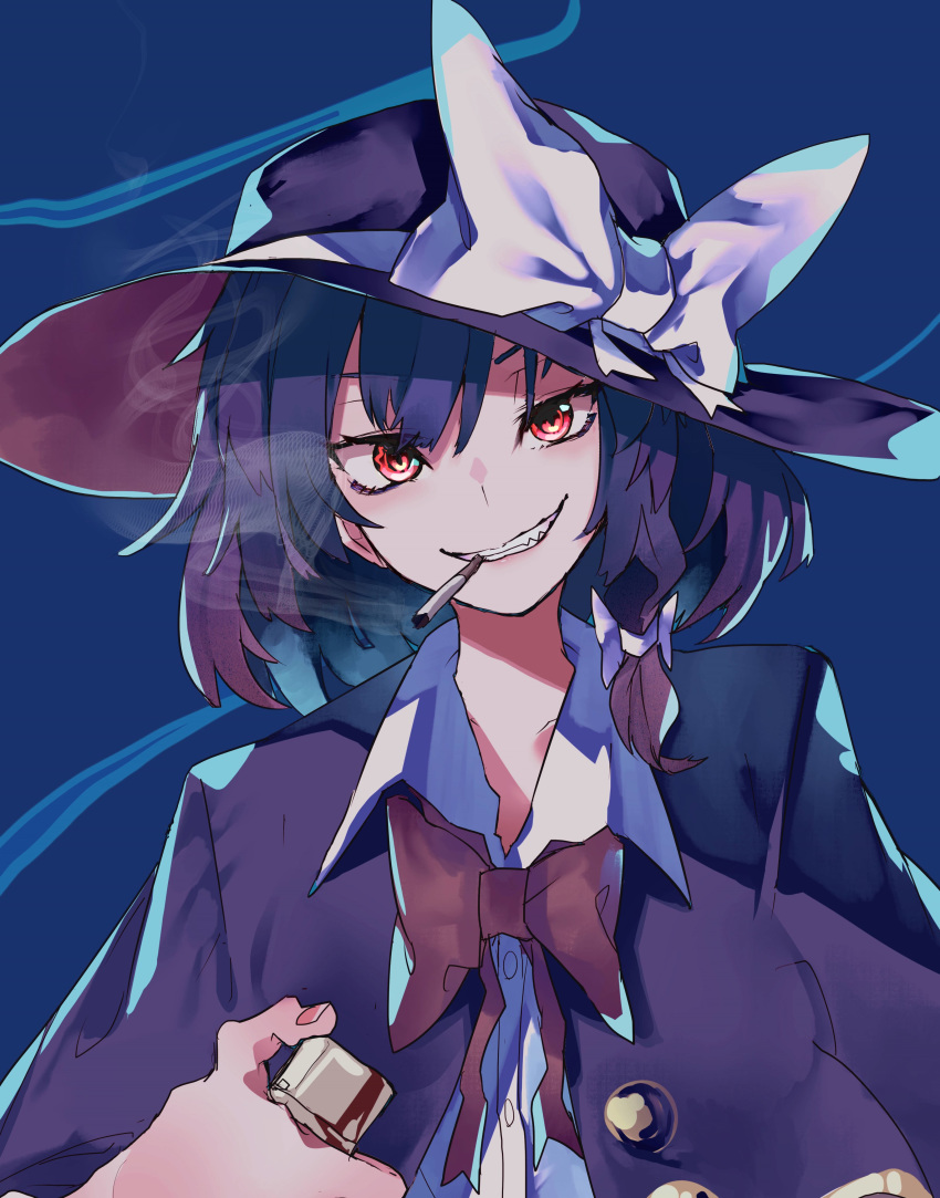 1girl absurdres artist_request bangs blue_background bow brown_hair capelet cigarette hair_between_eyes hat hat_bow hat_ribbon highres holding holding_cigarette holding_lighter lighter looking_at_viewer open_mouth red_bow ribbon simple_background smile smoking solo touhou upper_body usami_renko white_bow