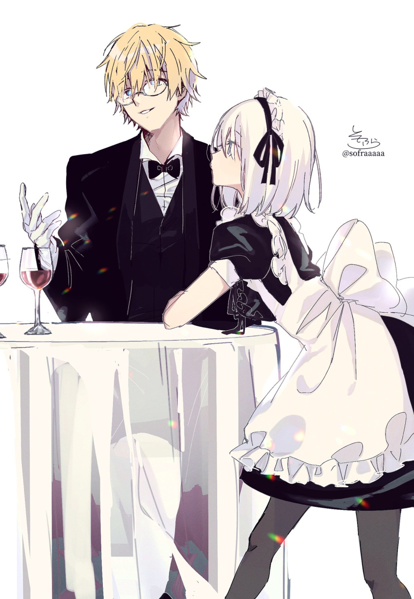 1boy 1girl alcohol alternate_costume apron ars_almal bangs bespectacled black_dress black_jacket black_neckwear black_vest blonde_hair blue_eyes bow bowtie brown_legwear butler collared_shirt commentary_request cup dress dress_shirt drinking_glass enmaided ex_albio frilled_apron frills glasses gloves hair_over_one_eye highres jacket long_sleeves maid maid_apron maid_headdress nijisanji pantyhose profile puffy_short_sleeves puffy_sleeves shirt short_hair short_sleeves signature simple_background sofra table tablecloth twitter_username vest virtual_youtuber white_apron white_background white_gloves white_hair white_shirt wine wine_glass