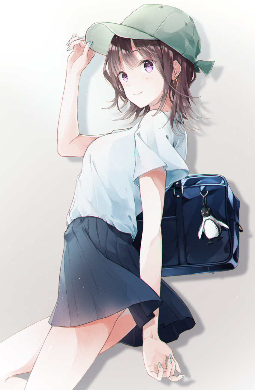 1girl aoi_yuki arm_behind_back bag bangs bare_thighs baseball_cap bird blue_bag blue_skirt brown_hair closed_mouth collared_shirt commentary cowboy_shot duffel_bag earrings eyebrows_visible_through_hair eyelashes fingernails green_headwear green_nails hand_on_headwear hand_up hat highres hoop_earrings jewelry light_particles looking_at_viewer looking_to_the_side medium_hair messy_hair nail_polish original penguin pleated_skirt school_bag shirt shirt_tucked_in short_sleeves simple_background skirt smile solo standing standing_on_one_leg violet_eyes white_background white_shirt