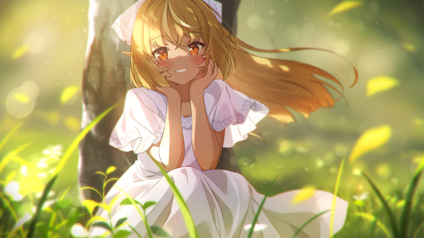1girl bangs blonde_hair blurry blurry_background blurry_foreground blush commentary_request dark_skin day depth_of_field dress eyebrows_visible_through_hair floating_hair grass hair_between_eyes hair_ribbon hands_up highres hololive long_hair narumi_nanami outdoors pointy_ears red_eyes ribbon shiranui_flare short_sleeves sitting solo sundress tree very_long_hair virtual_youtuber white_dress white_ribbon wide_sleeves