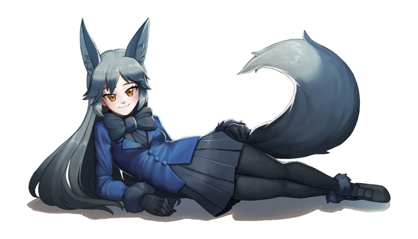 1girl animal_ear_fluff animal_ears artist_request black_gloves black_legwear black_skirt blue_jacket blush breasts commentary commentary_request fox_ears fox_girl fox_tail full_body fur-trimmed_sleeves fur_trim gloves jacket kemono_friends korean_commentary long_hair looking_at_viewer lying medium_breasts medium_skirt on_side silver_fox_(kemono_friends) simple_background skirt solo tail white_background