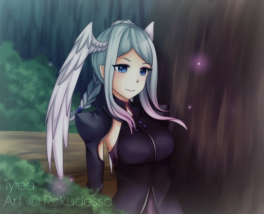 1girl blue_eyes braid breasts bush forest head_wings long_hair medium_breasts nature outdoors rokudessa sidelocks silver_hair solo tree tyrea_(xenoblade) upper_body watermark xenoblade_(series) xenoblade_1